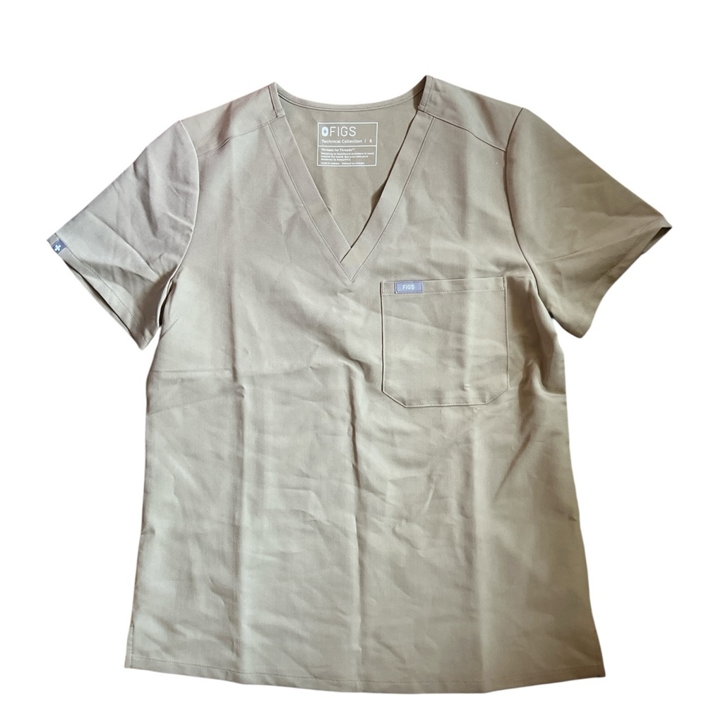 Figs | Khaki Tan Short Sleeve Scrubs Top Technical Collection Relaxed Fit Size S